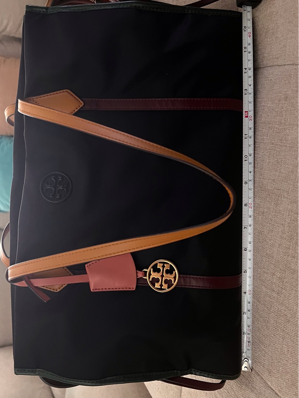 Tory Burch Black Nylon Tote with Leather Tan Straps and Burgundy Trim